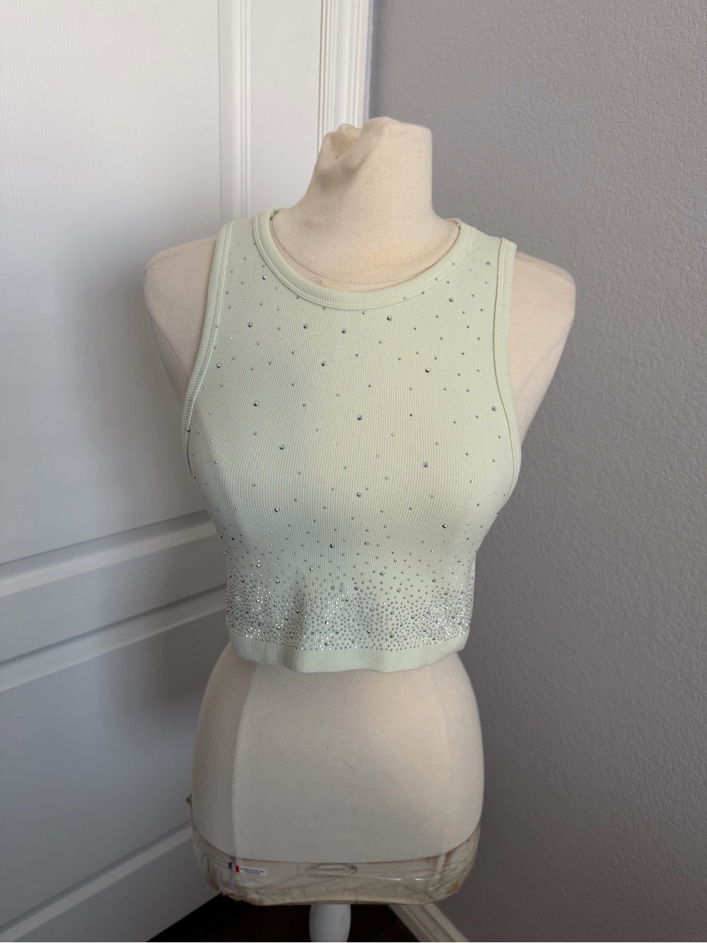 Rhinestone Embellished Cropped Tank Top - Light Mint